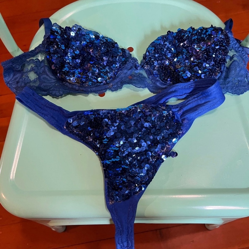 Vintage Lot of 3 pieces Hand Sewn Sequin Lace Blue Swim Lingerie Small